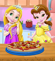 Baby Rapunzel and Belle Cooking Pizza